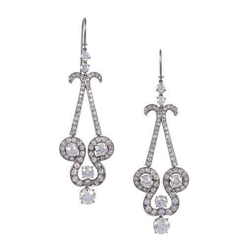 Pair of diamond lyre cluster pendant earrings, from straight tapered lines with scroll tops,